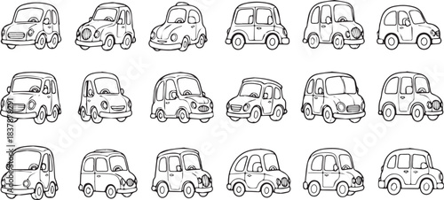Collection of HandDrawn Vintage Cars in a Grid Layout.