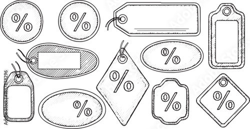 Collection of HandDrawn Discount Tags and Labels with Percentage Symbols.