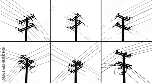Black and white utility pole silhouettes grid, geometric power line patterns, industrial infrastructure vector, high contrast minimalist composition for editorial and design