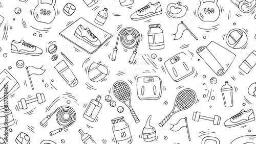 Fitness and Sports Equipment Doodle Pattern.