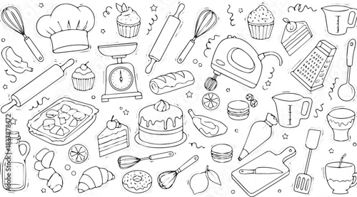 Hand drawn baking and cooking utensils with various desserts and ingredients.
