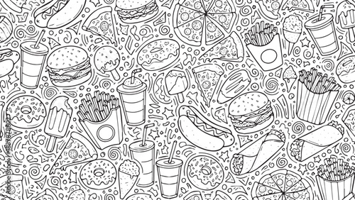 Seamless pattern of delicious fast food items in black and white sketch style.