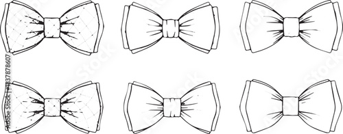 Set of six handdrawn bow tie illustrations in black and white.