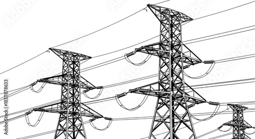 Black and white vector illustration of high-voltage transmission towers, lattice pylons and suspended power lines, electrical infrastructure, engineering, utility network