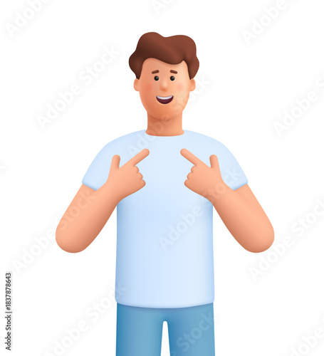 Young smiling man James pointing at herself with both hands. Suggesting pride, confidence and achievement concept. 3d vector people character. Cartoon minimal style.