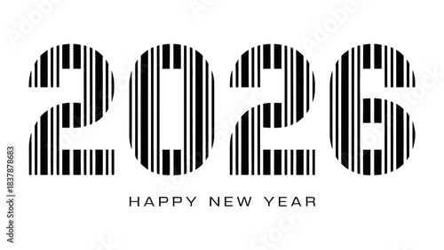 New Year 2026: A modern and sleek design wishing a happy new year with a barcode aesthetic, symbolizing a fresh start in a digital world.
