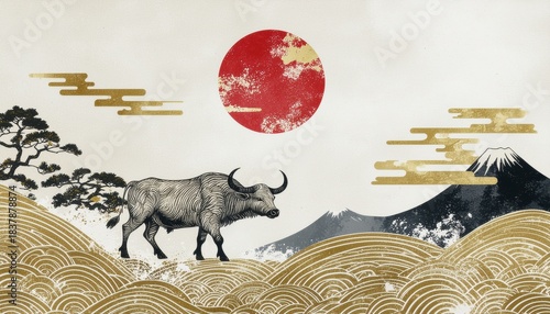 Wallpaper Mural Traditional Japanese Art of Bull with Red Sun Torontodigital.ca