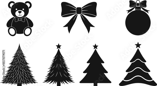 Christmas silhouette icons set, teddy bear with bow, decorative bow, ornament with ribbon, five stylized Christmas trees with stars, festive vector elements