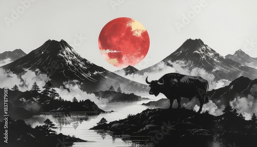 Wallpaper Mural Japanese Landscape with Buffalo and Red Moon Torontodigital.ca