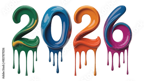 Vibrant 2026: A colorful and visually striking artistic illustration with the numbers 2026 displayed with dripping paint, representing a modern and artistic outlook on the new year.