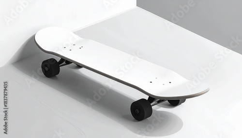 A minimalist white skateboard with black wheels resting against a clean corner, lit by soft shadows, showcasing modern design, smooth surfaces, and simple geometric contrast in a bright studio setting
