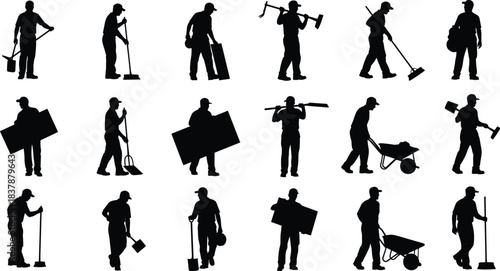 Construction worker silhouettes, manual labor icons, diverse tools and tasks, black vector set, grid layout poses, editable EPS SVG, jobsite industry collection