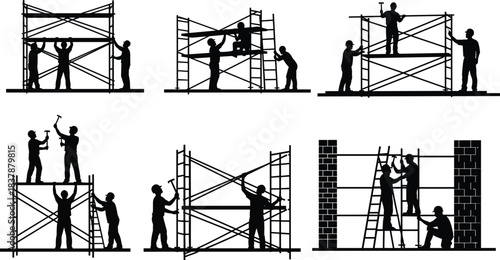 Construction workers assembling scaffolding, teamwork on site, silhouettes of laborers lifting and hammering, climbing ladders, positioning scaffold components, masonry support and safety