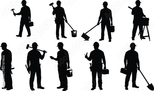 Construction workers silhouettes, hard hats, diverse tools, manual labor, hammer, paint roller, shovel, toolbox, workbench, safety gear, teamwork, industrial jobsite, vector illustration