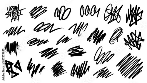Black and white set of varied handdrawn graffiti and scribble mark elements