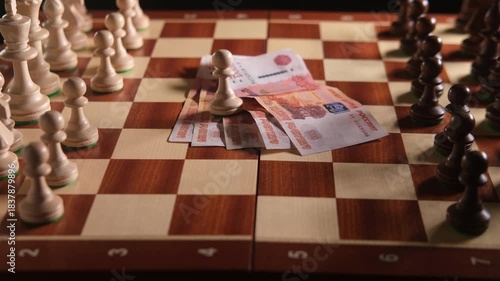 Chess board with money Russian rubles, strategic move and financial planning concept. Business game and competition. Investment and risk.