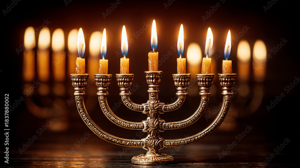 Fototapeta premium Menorah with candles burning bright during a celebration in a dark space at night