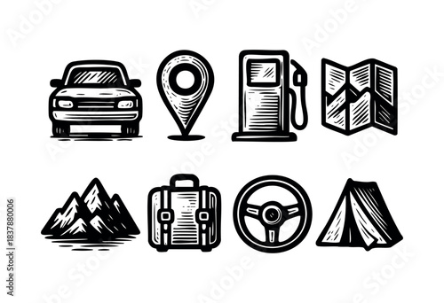 Set of travel icons in a hand-drawn style featuring a car, location pin, gas station, map, mountains, suitcase, steering wheel, and tent — stock illustration.
