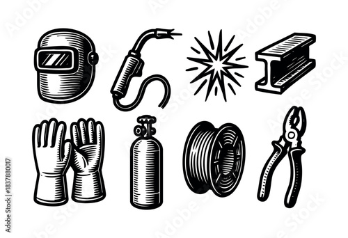 A set of welding equipment and tools in a black and white sketch style — stock vector.