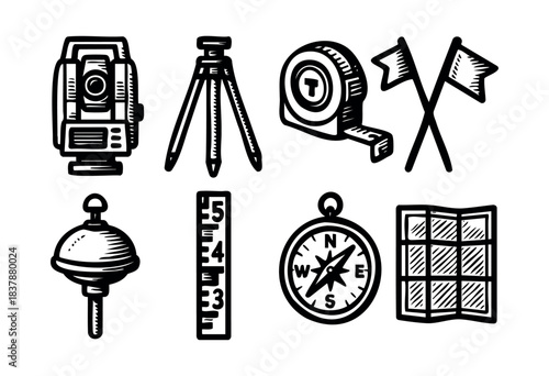 A set of hand drawn surveying tools including a theodolite, tape measure, and compass — stock vector.