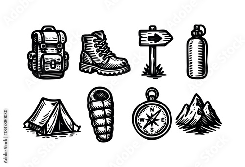 Hand-drawn set of camping and hiking equipment in vintage style — stock vector.