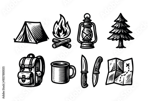 Hand-drawn illustration of camping gear featuring a tent, bonfire, lantern, tree, backpack, mug, knives, and map — stock vector.