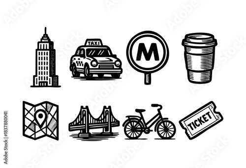 A collection of stylized New York city icons in black and white, including the Empire State Building, a taxi, subway sign, coffee cup, map, bridge, bicycle and ticket — stock vector.