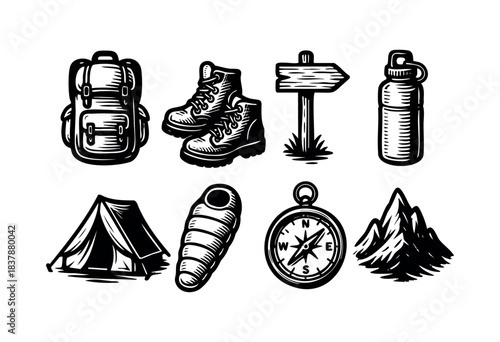 Monochrome camping equipment icons include a backpack, boots, signpost, water bottle, tent, sleeping bag, compass, and mountains — stock vector.