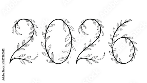 New Year Concept 2026: A minimalist, artistic illustration of the year 2026, with each digit creatively formed with delicate floral patterns. Evokes anticipation and growth.