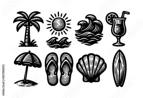 Hand drawn summer vacation icons including a palm tree, sun, waves, cocktail, umbrella, flip flops, seashell, and surfboard — stock vector.
