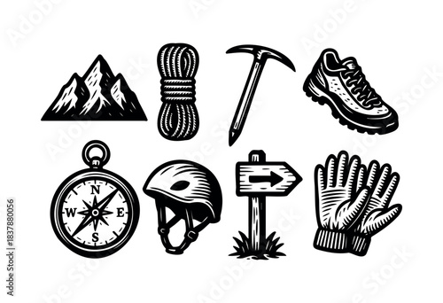 Collection of mountaineering and climbing gear in black and white, featuring a mountain, rope, ice ax, shoe, compass, helmet, signpost and gloves — stock vector.