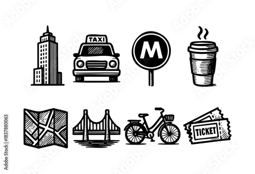 Hand-drawn vector icons representing urban elements like a building, taxi, subway, coffee, map, bridge, bicycle, and tickets — stock vector.