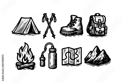 A set of vintage-style icons featuring outdoor and camping essentials like a tent, hiking poles, boot, backpack, campfire, water bottle, map, and mountains — stock vector.