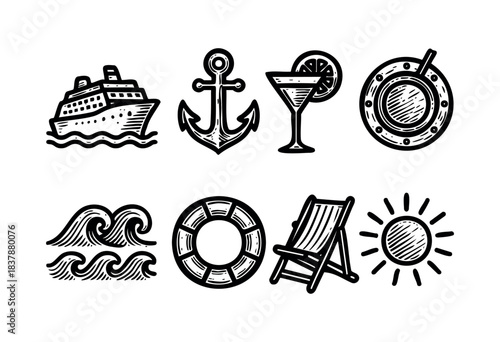 A set of hand-drawn nautical summer vacation icons in black and white, including a cruise ship, anchor, cocktail, porthole, waves, life buoy, beach chair, and sun — stock vector.