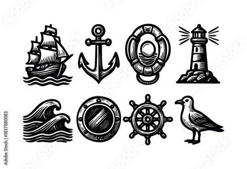 A collection of nautical elements featuring a ship, anchor, lifebuoy, lighthouse, waves, porthole, ship wheel, and seagull in a vintage engraving style — stock vector.