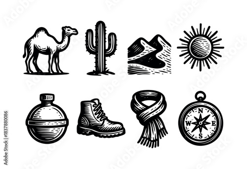 A collection of outdoor travel gear includes a camel, cactus, mountains, sun, canteen, boot, scarf, and compass, presented in a vintage style — stock vector.