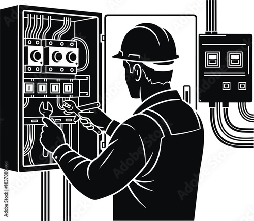Electrician repairing electrical panel with wrench and screwdriver, wearing hard hat and safety uniform, detailed wiring and circuit breakers, industrial maintenance