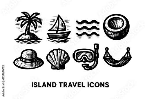 A collection of summer vacation themed island icons including a palm tree, boat, ocean waves, coconut, hat, seashell, snorkeling mask, and hammock in a woodcut style — stock vector.