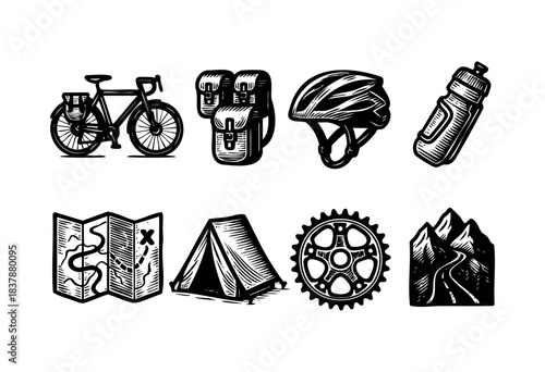 A set of bicycle touring gear including a bike, panniers, helmet, water bottle, map, tent, chainring, and mountains, in a woodcut style — stock vector.