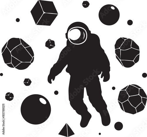 This vector astronaut artwork features a bold, modern illustration of a space explorer floating in the cosmic void