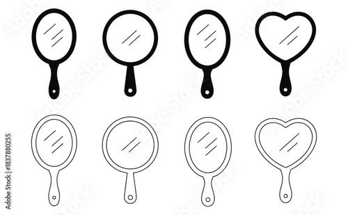 Charming set of handheld vanity mirrors featuring classic round oval and romantic heart shapes in bold outline and solid styles for beauty design
