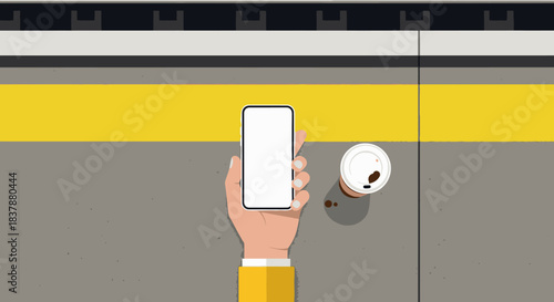 A person's hand holds a blank-screen smartphone next to a coffee cup on a train platform, illustrating modern urban commuting and digital connectivity.