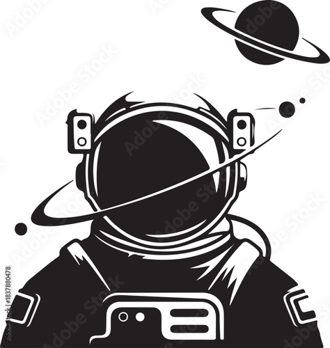 This vector astronaut artwork features a bold, modern illustration of a space explorer floating in the cosmic void