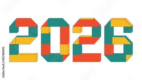 2026 Typography Design: The year 2026 is rendered in a vibrant, geometric typographic style, perfect for illustrating future events or concepts.