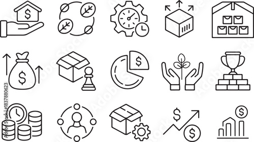 Profitable Business Line Icon Set – Strategy, Revenue, Margin, Supply, Sustainability, Product
