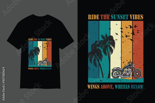 Ride the sunset vibes motorcycle t shirt design vector