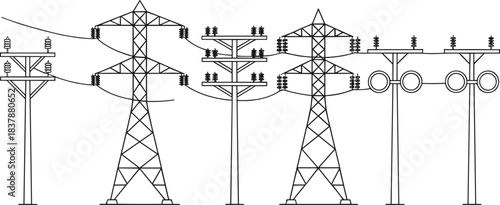 High voltage transmission towers and utility poles illustrating electrical power distribution network, infrastructure design, transmission lines, insulators, lattice towers, utility crossarms