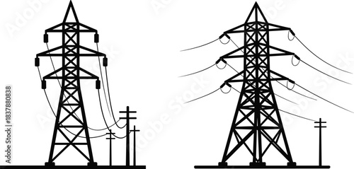 High-voltage steel lattice transmission towers and utility poles carrying multiple overhead power lines across industrial landscape, electrical grid infrastructure, energy distribution network