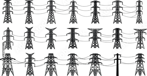 High Voltage Transmission Towers Vector Set, Diverse Pylon Designs, Power Lines and Utility Pole Contrast, Electrical Infrastructure Illustration for Energy Engineering