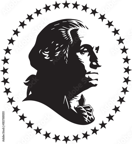Black and white silhouette of george washington s profile within a star circle